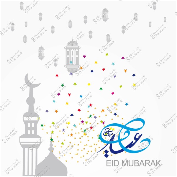Eid Mubarak artistic design featuring a minaret, crescent moon, lights, lanterns, and star decorations.