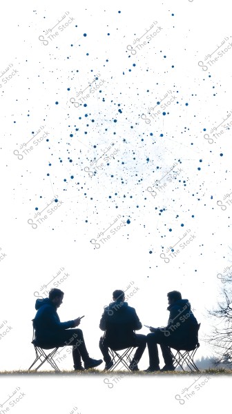 An image of three people sitting on chairs outdoors, with their backs to the camera, each holding a smartphone. The scene is brightly backlit by a white background, and there is a graphic element above consisting of blue dots and circles connected by thin lines, symbolizing connections or networking. The individuals are wearing jackets suitable for cold weather.
