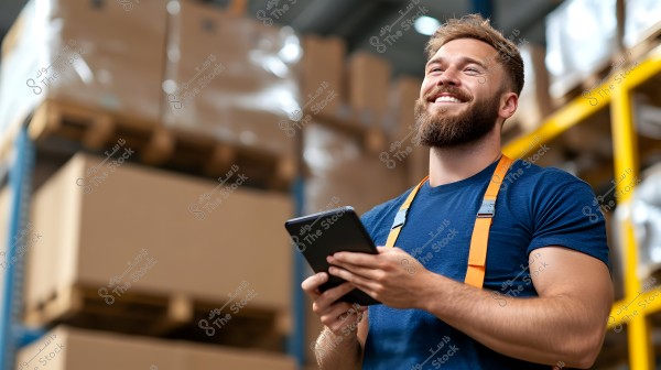 The image shows a smiling man wearing a blue shirt with orange suspenders, holding a tablet inside a warehouse. The background features shelves filled with cardboard boxes.