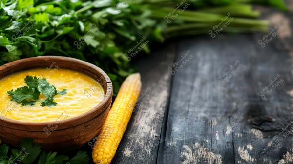 Image of a wooden bowl filled with creamy corn soup garnished with fresh parsley leaves. Next to the bowl is a yellow corn cob and some parsley leaves. The background features a rustic wooden surface and green parsley leaves.