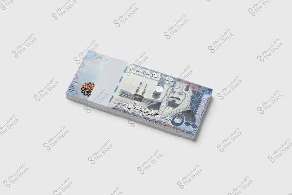 Image of a stack of 500 Saudi riyal banknotes. The note features a portrait of a man wearing traditional Saudi attire, along with a ghutra. The background includes an image of the Holy Mosque in Mecca and decorative white and blue patterns.