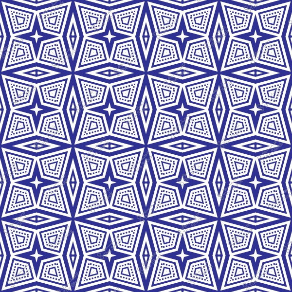 نمط هندسي متكرر يظهر بشكل شبكي يتكون من وحدات مربعة تحتوي على مثلثات وأنماط منقطة. التصميم باللونين الأبيض والأزرق الداكن, ويشكل تكراره تأثيرًا بصريًا معقدًا ومتناسقًا.