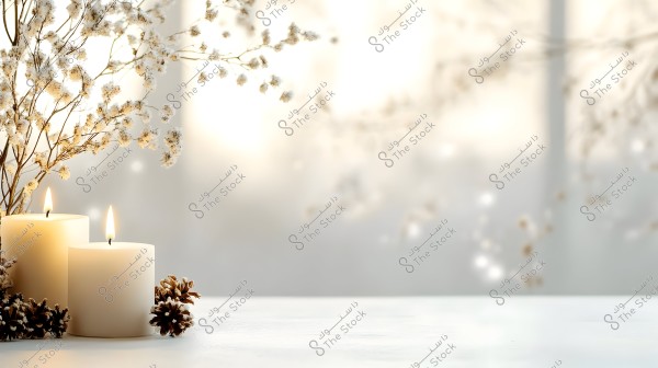 Two lit white candles placed on a white surface, surrounded by delicate plant branches with small white, dry blossoms. Pine cones with artificial snow are visible in the foreground, while the background is blurred with warm, soft tones.