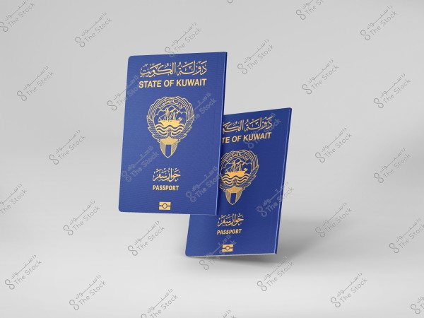 Image of a Kuwaiti passport in blue with a gold emblem in the center reading \"State of Kuwait,\" shown from the front and back. The background is plain white.