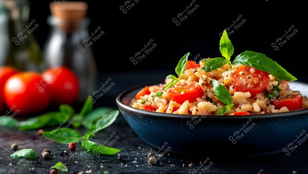 Image of a pasta dish in a black bowl containing pieces of red tomatoes and fresh basil, garnished with black pepper. In the background, spice jars and some whole tomatoes are visible, with basil leaves scattered on the table.