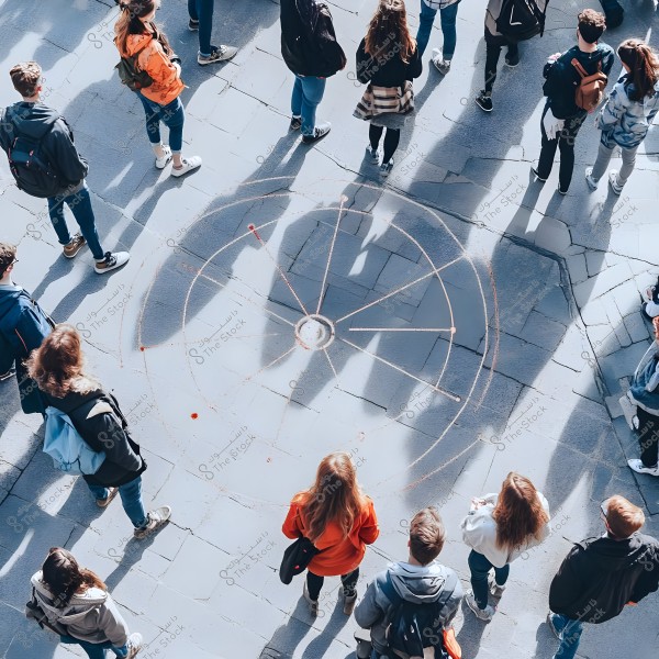 A group of people gathered in a circular formation in an outdoor square with a circular drawing on the ground. The individuals are wearing casual winter clothing such as coats and jackets, with some carrying backpacks. The atmosphere is sunny, casting clear shadows on the ground.