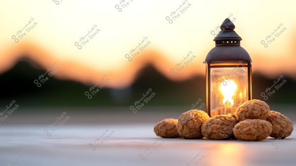 فانوس مضاء بضوء أصفر دافئ يقف على سطح أبيض مع مجموعة من الحلويات المستديرة, مع غروب الشمس في الخلفية.