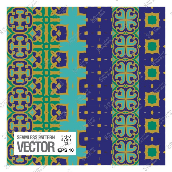 نمط زخرفي متكرر بألوان زرقاء وخضراء وذهبية, يتضمن أشكال هندسية وزخارف تقليدية.