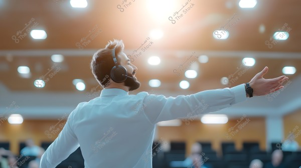A man wearing a white shirt and a headset standing in an expressive pose in a brightly lit lecture hall. His arms are raised as he appears to be speaking or presenting to an indistinct audience in the background. Warm lighting from the ceiling adds to the enthusiastic atmosphere.