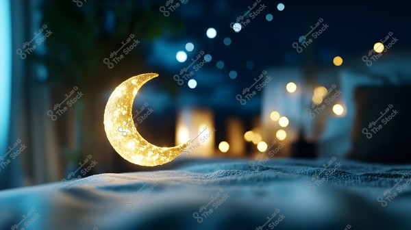 Image shows a glowing crescent moon placed on a bed in a dark room. The scene features warm lighting with small twinkling lights scattered in the background, creating a serene and romantic ambiance. The background is softly blurred, with plants and faint shadows adding to the tranquil atmosphere.