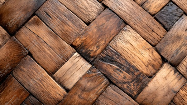 Image showing a pattern of interwoven dark and light brown wooden texture in a geometric design. The wooden planks have a natural and rough appearance with various shades between dark and light brown, giving a rustic and tactile feel.
