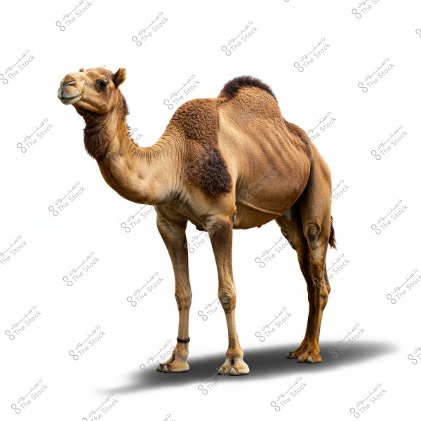 An image of a camel standing on a white background. The camel is fully visible in its typical light brown color, with some shadows on the ground beneath it.