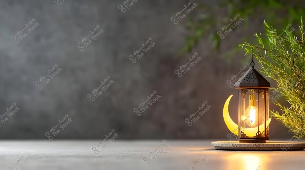 صورة لفانوس مضاء يجلس على قاعدة دائرية بجانبه نبات أخضر. الفانوس له تصميم معدني تقليدي وبداخله مصباح مضيء. هناك هلال يحيط بالفانوس مما يضيف لمسة تقليدية. الخلفية ضبابية وتظهر بدرجات اللون الرمادي.