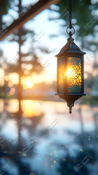 The image depicts an ornate metal lantern hanging in the air in the foreground, emitting warm light. In the background, a scenic view with trees and the glow of a setting sun reflecting on a water surface, adding a sense of tranquility and peace.