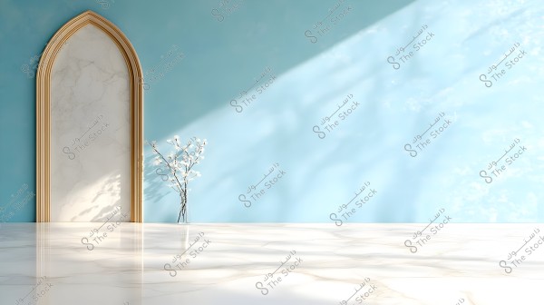 The image shows an interior space with a simple and bright design. A sky-blue wall features an arched opening accented with a golden wooden frame, complemented by a marbled surface with a white marble pattern. Light casts shadows across the wall, and a tall glass vase with simple white flowers is placed on the reflective floor.