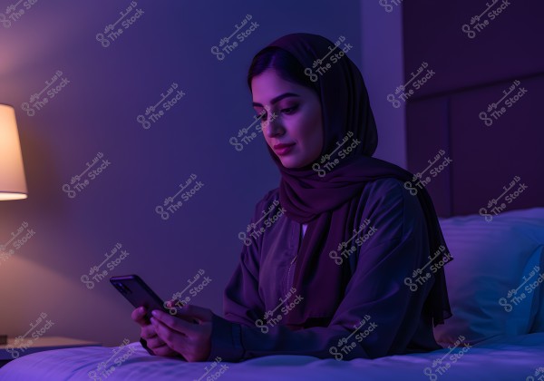 A woman wearing a hijab and abaya sits on a bed in a dimly lit room, holding a mobile phone. The room has a bedside lamp creating a cozy atmosphere.
