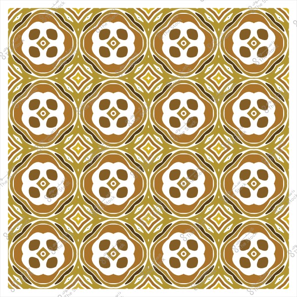نمط زخرفي هندسي بألوان بني وأبيض وزيتوني بتكرار أزهار ودوائر.