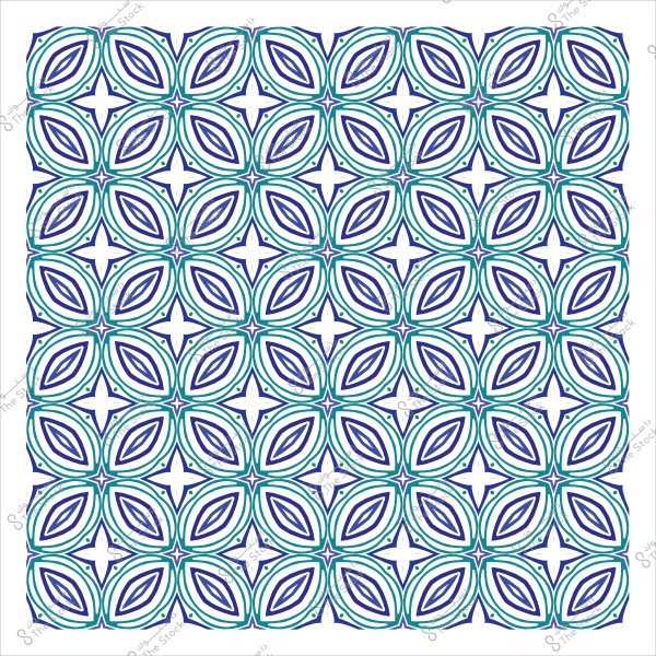 Geometric pattern design with interlocking shapes in blue and green resembling flowers.
