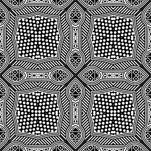 تصميم هندسي أبيض وأسود يحتوي على أشكال متكررة هندسية ونقاط متداخلة.