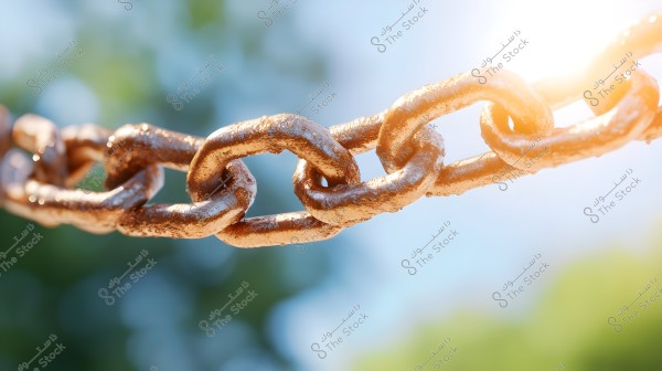 A close-up image of a metal chain made of interlinked loops, appearing in a copper color with light reflections. The background is blurred and features blue and green hues, with bright light coming from the top right corner.