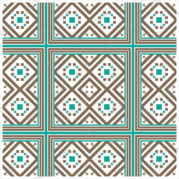 نمط هندسي مزخرف يحتوي على مربعات وخطوط متقاطعة بألوان بني وأزرق فيروزي.