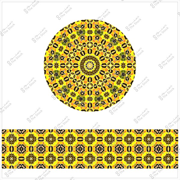 صورة تحتوي على تصميم هندسي ملون بأسلوب الزخارف الإسلامية, يتمركز في منتصف الصورة. التصميم عبارة عن دائرة مزخرفة تحتوي على ألوان الأصفر والبرتقالي والأخضر والأسود, بالإضافة إلى نمط مستطيل مشابه في أسفل الصورة يحتوي على نفس الألوان والتصميمات المتكررة.

-