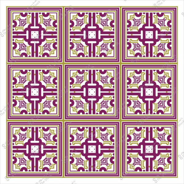 Decorative geometric pattern consisting of nine repeated tiles in purple and olive colors on a white background.