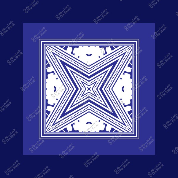 صورة تظهر تصميمًا هندسيًا معقدًا على شكل نجمة متماثلة, باللون الأبيض على خلفية زرقاء. تتكون النجمة من عدة مستطيلات مزخرفة وخطوط دقيقة, وداخلها نماذج منحنية تكميلية.