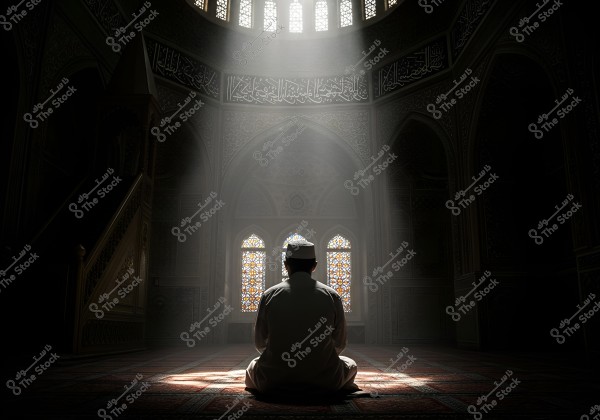 The image shows a person sitting in a meditative position inside an ornately decorated mosque with geometric patterns and Arabic calligraphy. Sunlight streams through a stained glass window onto the floor, creating a spiritual atmosphere. The person is wearing traditional white clothing and a cap.