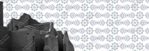 An image of a traditional mudbrick building with distinctive architectural features in the foreground, set against a decorative background pattern of circular shapes and leaves in soft colors. The structure reflects traditional architecture from the Arabian Peninsula.