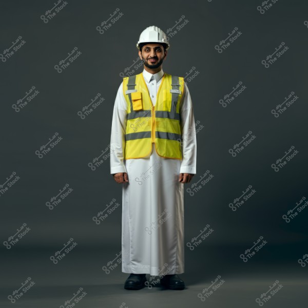 The image shows a person wearing traditional Saudi attire, a white thobe, with a yellow reflective vest featuring gray stripes. The individual is wearing a white helmet and black shoes, suggesting a role in construction or engineering. The background is a neutral gray.
