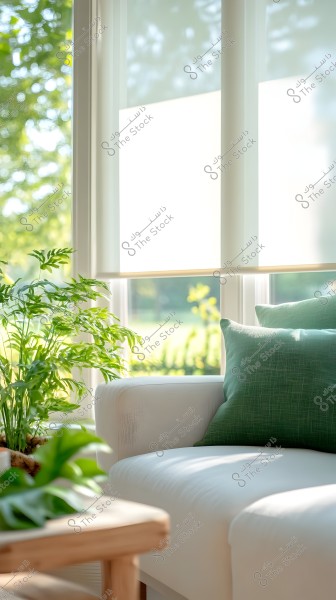 The image shows a part of a modern, bright living room featuring a white sofa with green pillows. There are green plants beside the sofa and a small wooden table in the foreground. The room is illuminated by natural light from a large window, with a green natural scenery visible outside.