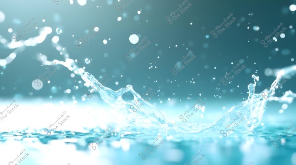 An image showing water splashes in the air, focusing on the scattered water droplets and light reflections on the surface. The background is dark, giving a sense of freshness and tranquility.