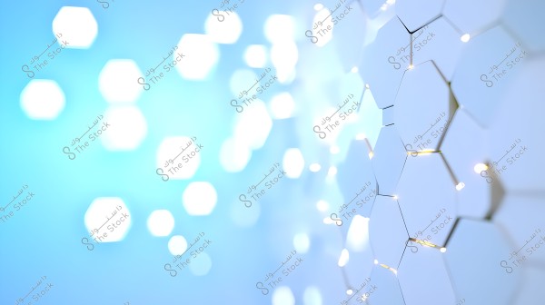 Abstract image of a surface decorated with illuminated hexagonal shapes. The background features a light blue gradient with soft lights creating a sense of depth and vibrancy.