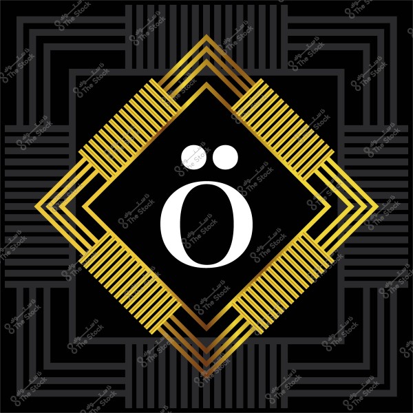 حرف "Ö" في تصميم هندسي بأسلوب مزخرف مع إطارات ذهبية على خلفية سوداء.