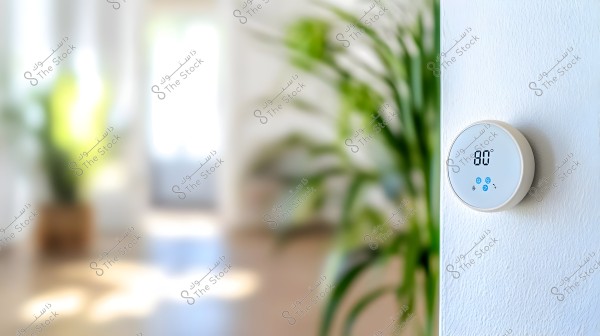 The image shows a round thermostat mounted on a white wall, displaying a temperature of 80 degrees. The background is blurred and features a green plant with natural light coming in from a window.