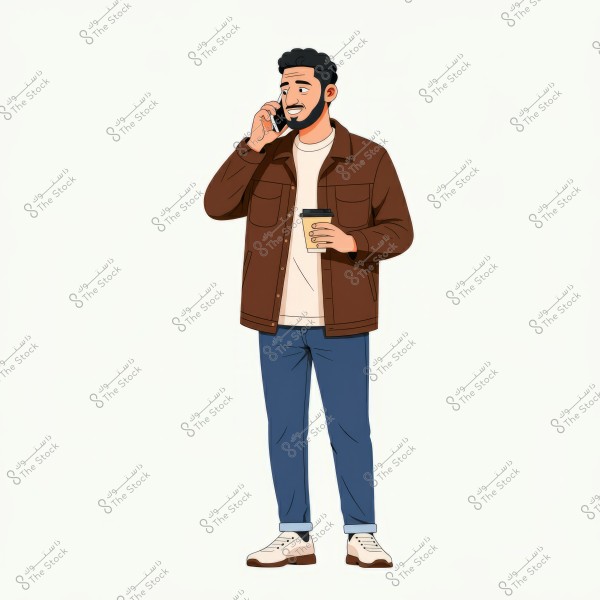 The image depicts an illustration of a person standing and smiling while talking on a mobile phone. The person is wearing a brown jacket, a white shirt, blue jeans, and white sneakers. They are holding a cup containing a beverage.