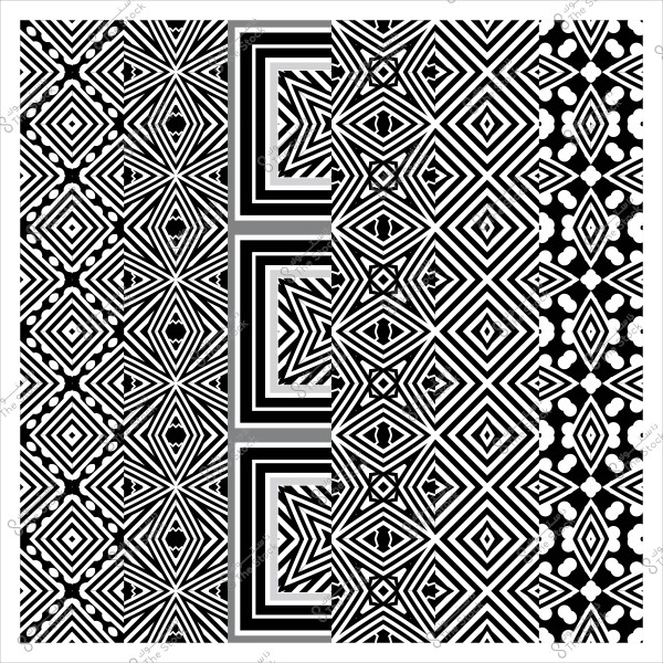 صورة تحتوي على أنماط هندسية متعددة بالأبيض والأسود. تتضمن التصميمات أشكالًا ماسية متكررة, مربعات متداخلة, وخطوط متقاطعة بأحجام مختلفة. الأنماط متناظرة وتمتاز بتعقيد بصري يجذب الانتباه.\r\n\r\n-