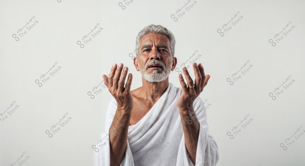 Image of a bearded man with gray hair, wearing a white robe that resembles traditional clothing, raising his hands in a prayer position. The background is white, and his expression reflects focus and calmness.