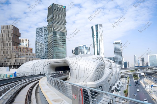 An image of a futuristic city showcasing a vibrant urban scene in daylight. In the foreground, there is a modern metro station with sleek, white curved lines, surrounded by skyscrapers of varying designs and heights. The buildings include a uniquely wavy tower and another with a slim, streamlined design. The sky above the city is dotted with scattered clouds, and there is a highway with cars moving in both directions.