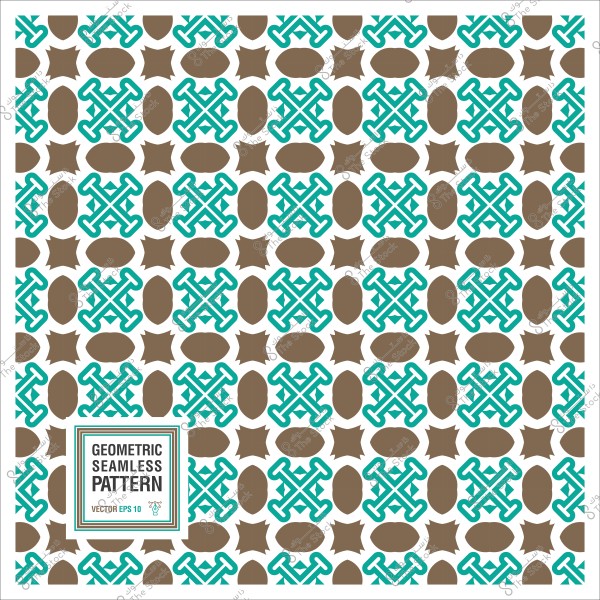 Seamless geometric pattern with brown oval and floral shapes and blue intersecting shapes.