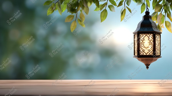 Image of a traditional Arabic lantern hanging and illuminated with ornate metal design. The warm light of the lantern contrasts beautifully with the trees and green leaves above, set against a blurred blue and green background, creating a serene and calming atmosphere.