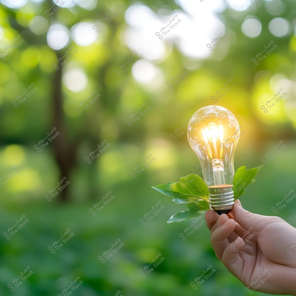 A hand holding a glowing light bulb surrounded by green leaves, set against a natural green outdoor background symbolizing sustainable energy.