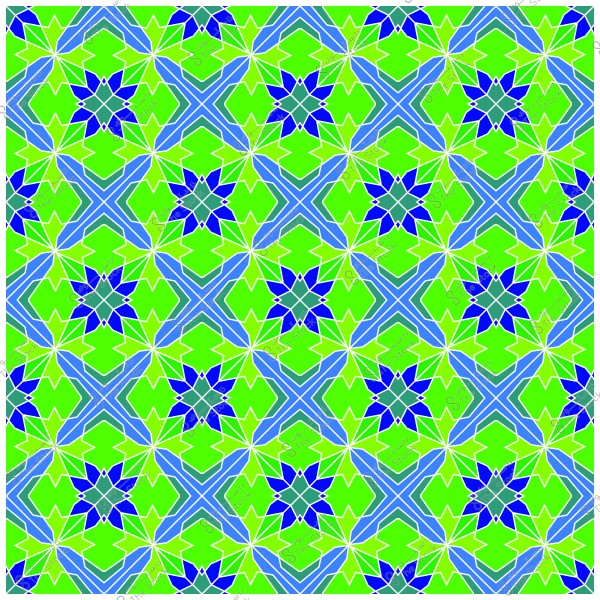 نمط هندسي متعدد الألوان يتميز بتكرار أشكال الأزهار الخضراء والأزرق على خلفية مكونة من خطوط متقاطعة باللون الأزرق الفاتح. التصميم يتبع أسلوبًا متناسقًا ومنظمًا مما يجعله يبدو كعمل فني مزخرف.

-