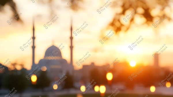 Image of a mosque scene blurred in the background under a sunset sky, highlighting the minaret towers. The sun is visible on the horizon with yellow and orange hues, reflecting off nearby surfaces, creating a tranquil atmosphere.