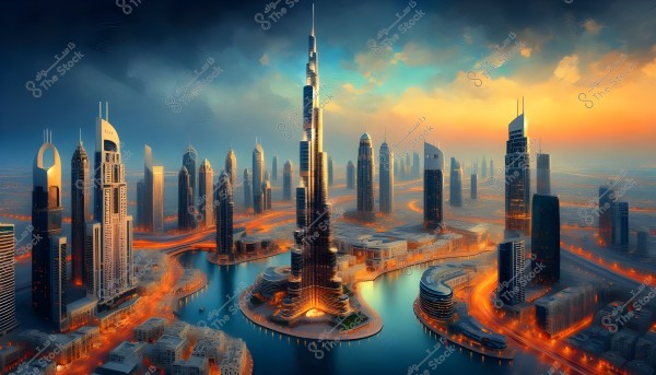 A view of the Dubai skyline with the Burj Khalifa in the center, surrounded by water and canals, under a sky painted with orange and blue clouds at sunset.