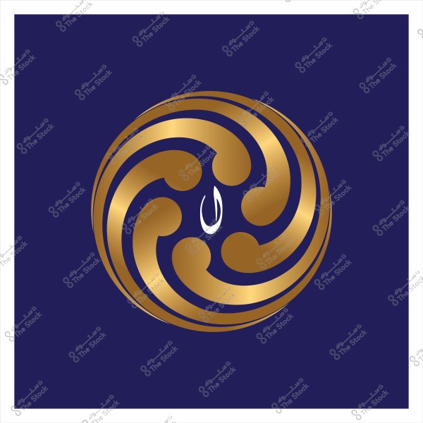 A circular design within a dark blue frame. The design features an abstract gold swirl pattern, with an Arabic letter \"N\" in white at the center.