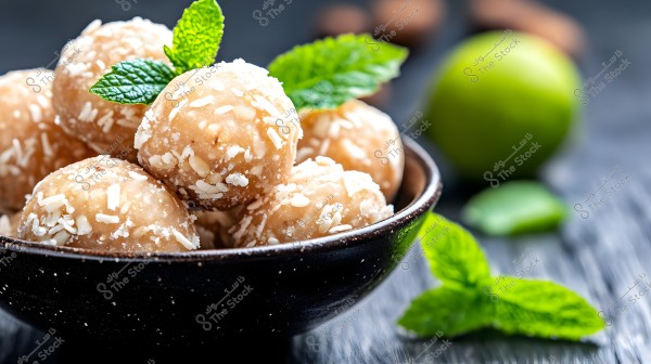 An image of a bowl containing coconut candy balls coated with shredded coconut. The bowl is placed on a dark wooden surface, and the balls are garnished with fresh mint leaves. In the background, there is a lime and another mint leaf, adding a refreshing color to the image.