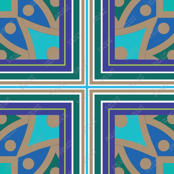 نمط مجرد بألوان زرقاء وخضراء وبنية يحتوي على أشكال هندسية وخطوط متماثلة.