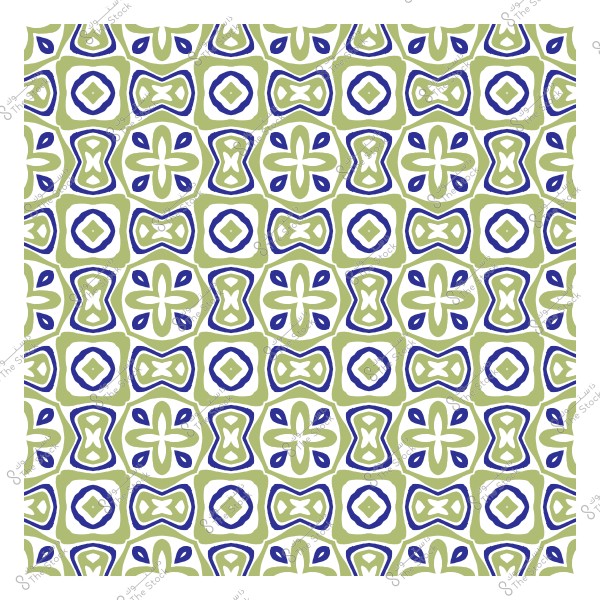 نمط مزخرف يتكون من أشكال هندسية بألوان أخضر وأزرق على خلفية بيضاء.